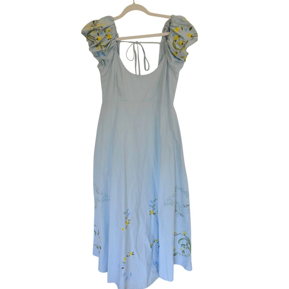 Fanm Mon Perla Dress Embroidered Blue Floral Puff Sleeve Medium - Picture 2 of 7